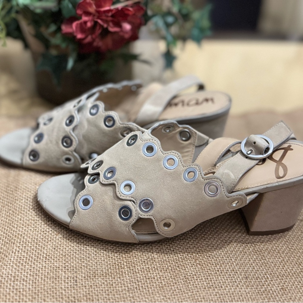 Sam Edelman Tan Sandals with Chunky Heel and Grommet Details